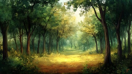 Obraz premium Enchanting Forest Landscape with Lush Trees and Sun Dappled Pathway : Generative AI