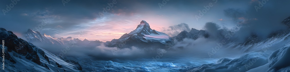 Poster panoramic view of the matterhorn glowing softly under the first light of dawn. with the surrounding 