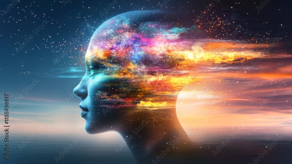Aufkleber exploring the boundaries of reality in a surreal headspace with vibrant celestial colors