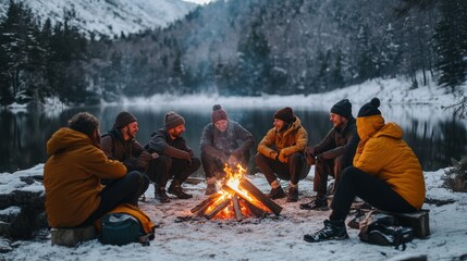 Friends gathered around a bonfire in snowy mountains.