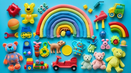 Obraz premium A Colorful Collection of Children's Toys Isolated on a Blue Background
