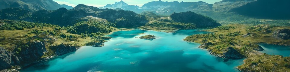 Aerial panorama of Lake Pehoe glowing in vibrant shades of turquoise. surrounded by jagged peaks and lush summer vegetation. in 4K resolution