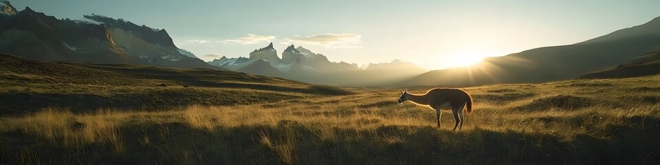Naklejka premium Wide shot of a guanaco grazing in the foreground with the dramatic Cuernos del Paine in the background under soft morning light. in 4K resolution