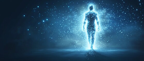 Glowing man walking in blue energy.