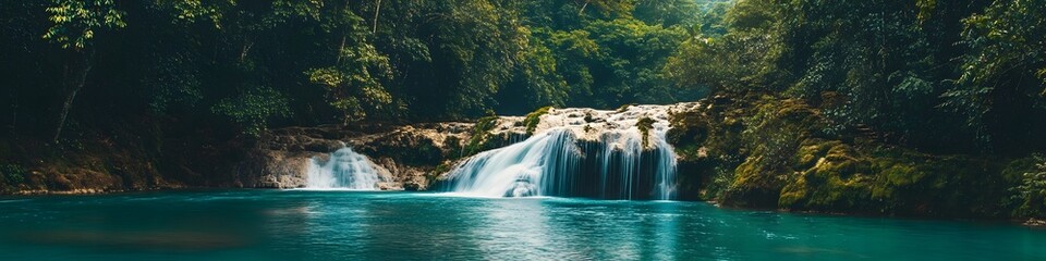 Fototapeta premium Wide shot of the Salto Grande waterfall cascading powerfully into a vibrant turquoise river. framed by lush summer vegetation. in 4K resolution