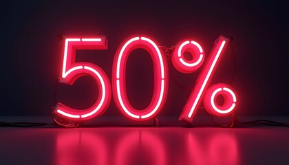 Fifty Percent Off Neon Sign: Red Glowing Sale Advertisement