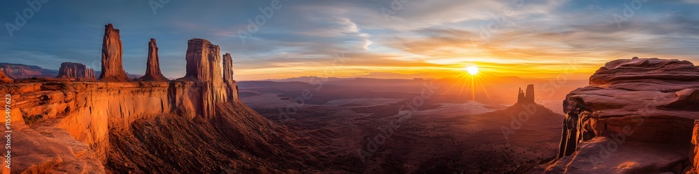 Fototapete Panoramic view of the Three Towers illuminated by the first rays of sunrise. with the surrounding valleys glowing softly under golden light. in 4K resolution