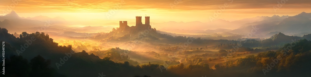 Poster panoramic view of the three towers illuminated by the first rays of sunrise. with the surrounding va