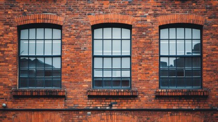 Three arched windows in a red brick wall, reflecting the urban environment.