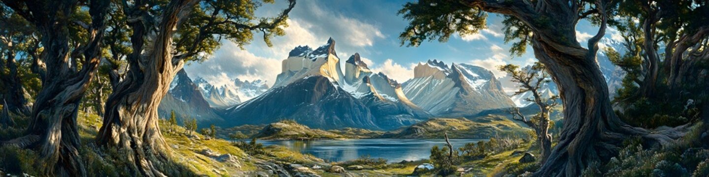 Wide-angle shot of the jagged Cuernos del Paine framed by towering lenga trees and a serene alpine lake. in 4K resolution