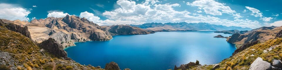Fototapeta premium Panoramic view of the rugged mountains framing Lake Sarmiento. with the vibrant blue waters glowing under bright sunlight. in 4K resolution