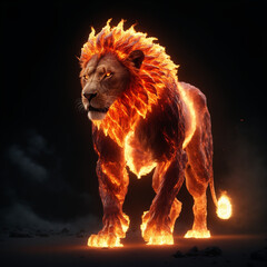 Naklejka premium A fiery lion, forged from molten magma, strides with grace and power. Its body crackles with volcanic energy, flames erupt from its mane and tail, and a 4K image captures its raw, destructive beauty.