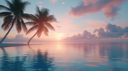 Tranquil sunset over calm ocean with palm trees.