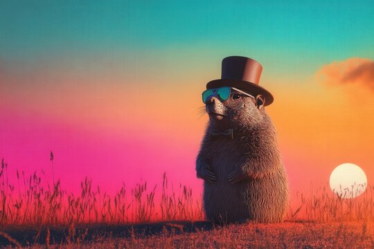  A whimsical illustration of a groundhog wearing a top hat and sunglasses, casting a shadow on the ground with a vibrant sunrise in the background