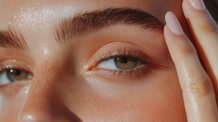 Close-up of a woman's eye with natural makeup showcasing healthy skin and groomed eyebrows in bright sunlight