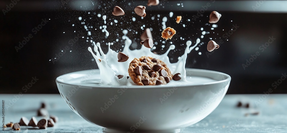 Aufkleber a cookie splashes into a bowl of milk, creating a dynamic and appetizing scene.