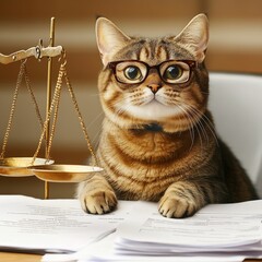 A cat dressed as a judge with a gavel. A cat wearing glasses sits confidently next to a set of scales and a stack of documents in a law office setting during the day.
