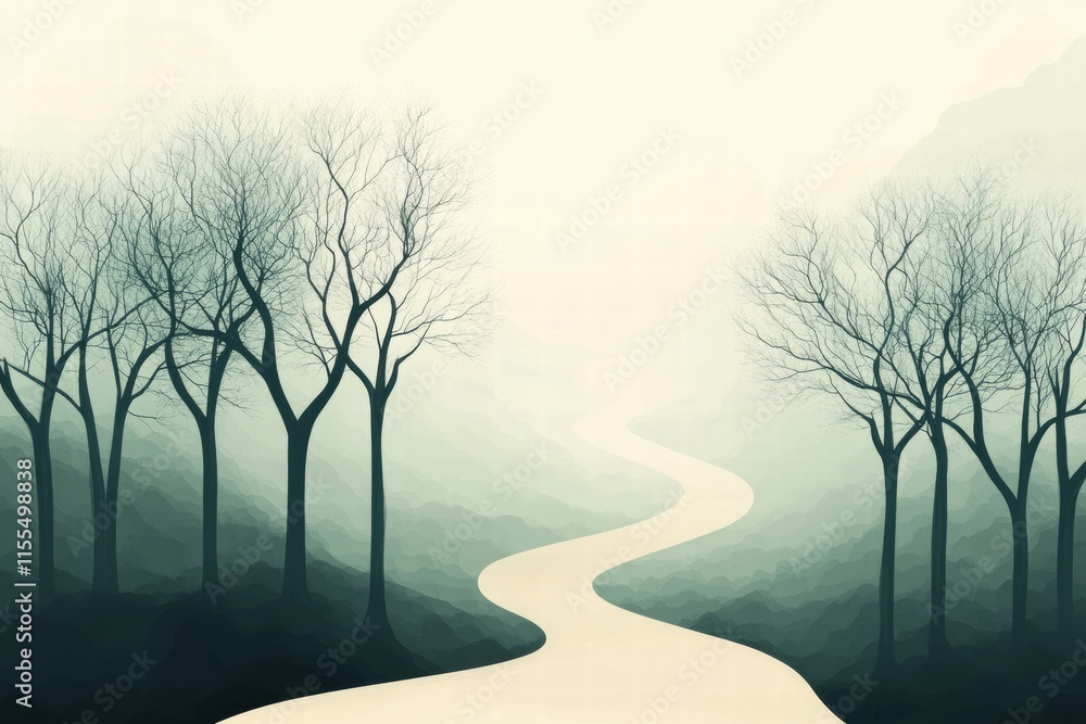Poster winding forest path invites exploration through a serene, minimalistic landscape. generative ai