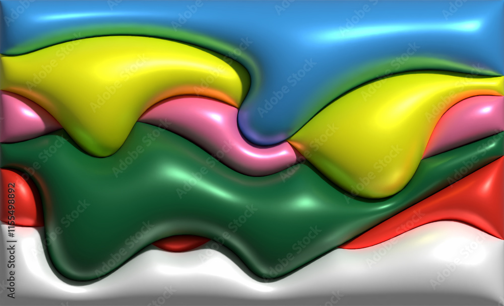 Poster multicolored wavy inflated figures with smooth shiny surface, 3d rendering illustration