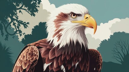 Obraz premium A vintage illustration of a bald eagle at Safari Park with trees and a cloudy sky.