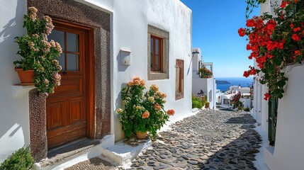 Cobblestone street with whitewashed houses, flowers, and ocean view.