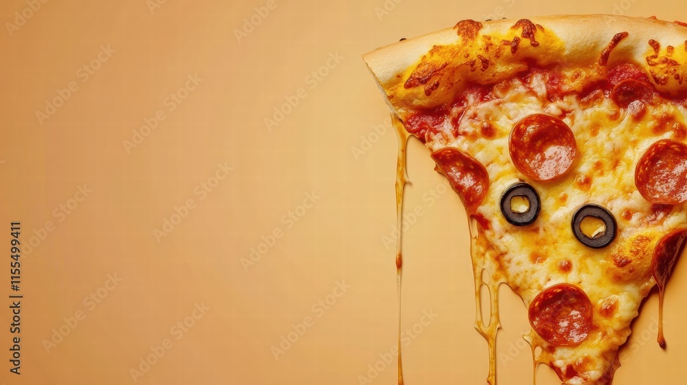 Poster delicious pizza slice with stylized toppings and cheese drips on a minimalist backdrop ready for sha