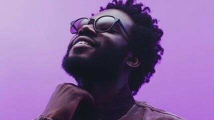 Camera Capturing African American Man Smiling and Adjusting Collar with Sunglasses Shine on Purple Background