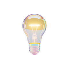 A 3D render of a holographic iridescent yellow light bulb icon. The light bulb is in the shape of a soild yellow light bulb. The light bulb is floating in mid-air, and it has a glowing effect. 