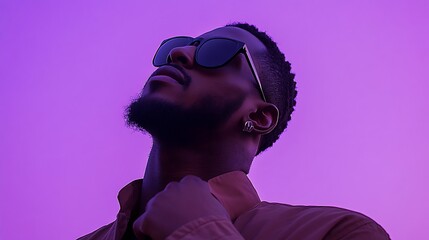 Relaxed Smile of African American Man Adjusting Collar with Sunglasses Shine Against Purple Background
