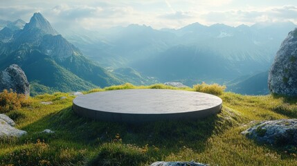 Circular grass podium on a hilltop with a panoramic view of mountains 