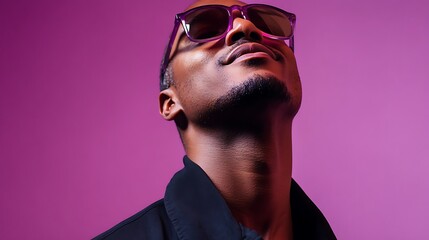 African American Man Smiling and Adjusting Collar Against Smooth Purple Background with Sunglasses Shine