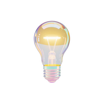 A 3D render of a holographic iridescent yellow light bulb icon. The light bulb is in the shape of a soild yellow light bulb. The light bulb is floating in mid-air, and it has a glowing effect. 