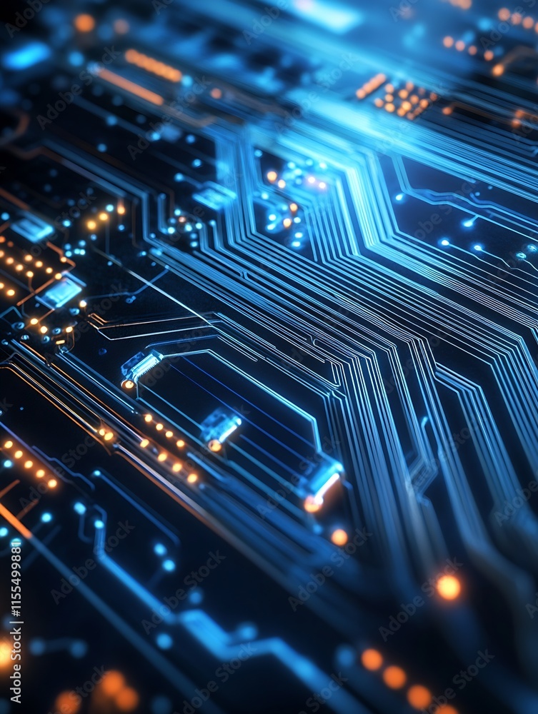 Aufkleber Detailed macro view of blue electronic circuits with glowing lines and micro components : Generative AI