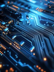 Fototapeta premium Detailed macro view of blue electronic circuits with glowing lines and micro components : Generative AI