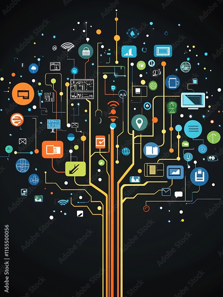 Poster Digital tree with technology icons symbolizing internet connectivity : Generative AI