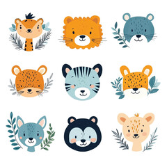 Adorable Cartoon Animal Faces: A Collection of Nine Cute Wild Critters