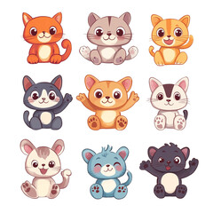 Fototapeta premium Nine Adorable Cartoon Kittens: A Collection of Cute Felines