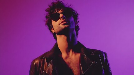 Confident Man in Leather Jacket with Rising Camera Focus Against Striking Purple Background