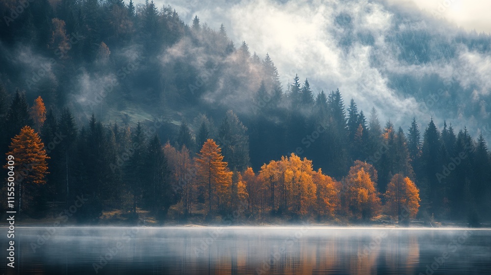 Poster misty lake with autumn colored trees and evergreen forest creating a mystical serene atmosphere : ge