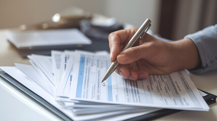 Medical bills paperwork scattered on a desk, symbolizing the financial burden and administrative challenges faced by patients and healthcare providers in managing medical expenses.