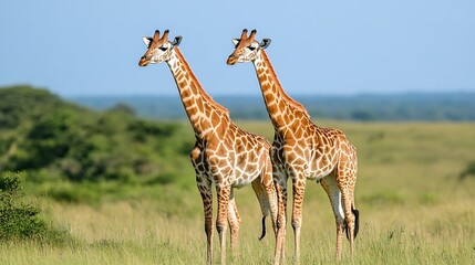 Obraz premium Pair of Giraffes Standing in Open Savannah Against Clear Blue Sky : Generative AI