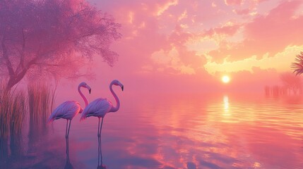 Naklejka premium Two flamingos standing in calm pink sunset water.