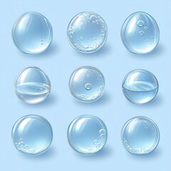 Nine transparent spheres filled with water and bubbles, various levels.