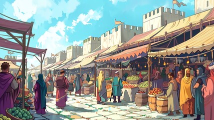 Naklejka premium A cartoon illustration of a bustling marketplace in a medieval town.
