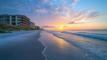 Coastal sunrise over tranquil beach with oceanfront condos.