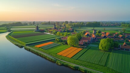 Obraz premium Sunrise aerial view of Dutch village with windmills and colorful flower fields.