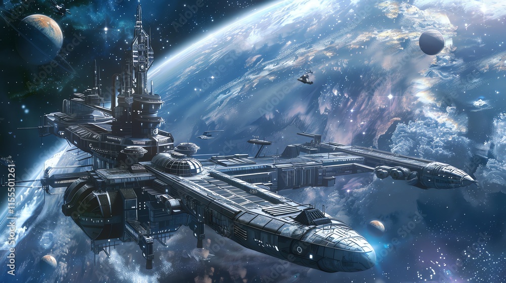 Aufkleber a large futuristic spaceship orbits a planet in space.