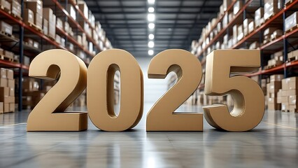 2025 year number standing in retail warehouse with cardboard boxes