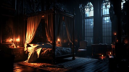 Dark Gothic bedroom with four-poster bed, candles, and large windows.