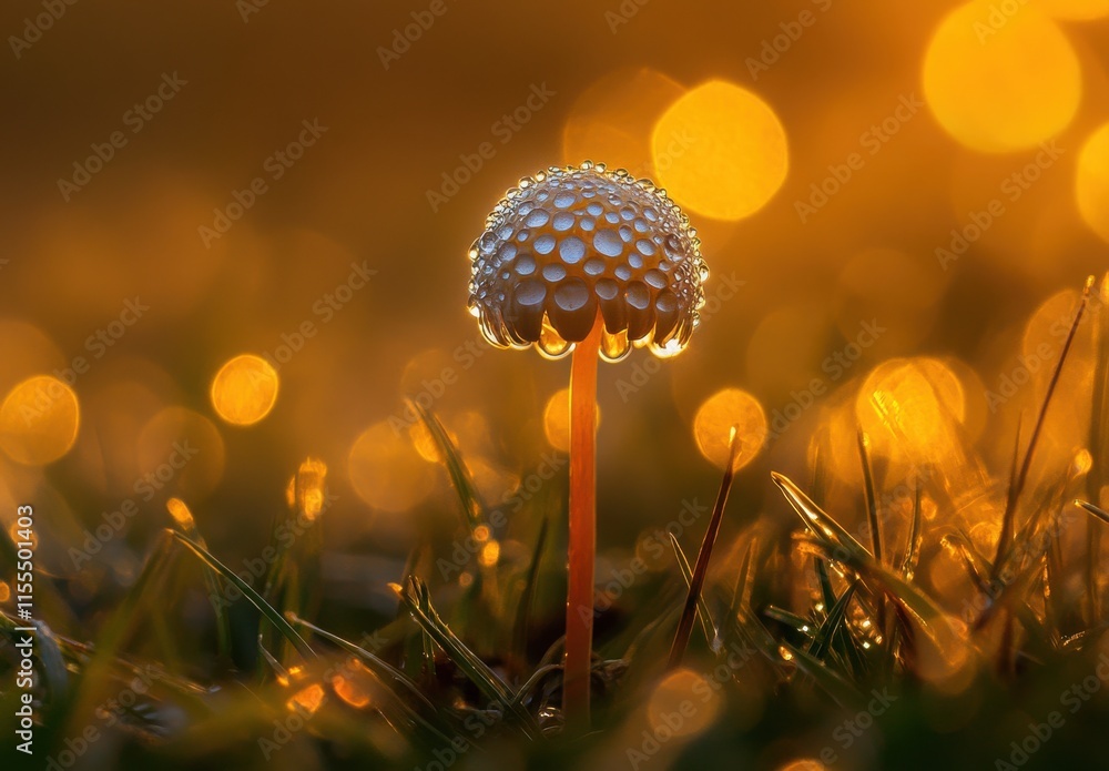 Poster delicate mushroom with water droplets glimmering under warm sunset light in nature with bokeh backgr